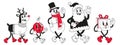 Christmas cartoon characters. Set of vector comic illustrations with snowman, Santa Claus in trendy retro cartoon style. Royalty Free Stock Photo