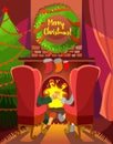 Christmas cartoon concept with family couple sitting in front of fireplace