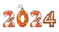 Christmas Cartoon 2024 Font Numbers, Whimsical Festive Decorations, Featuring Candy Cane, Bauble And Cookie-like Digits