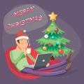 Christmas Cartoon Geek Eager Beaver Symbol Man with Laptop Drinks Coffee Tea Icon Retro Design Vector Illustration Royalty Free Stock Photo