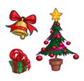 Christmas Cartoon Icon Set - Bell Gift Tree Royalty Free Stock Photo
