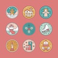 Christmas Cartoon Icon Set with Ginger, Snow House, Angel, Sock, Mistletoe, Skate, Gifts, Hat, Mittens and Candle in Royalty Free Stock Photo