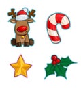 Christmas Cartoon Icon Set - Red-Nose Reindeer Candy Cane Star Holly Royalty Free Stock Photo