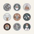 Christmas Cartoon Icon Set with Snowflakes, Christmas tree, Champagne, Santa Claus, Deer, Wreath, Snowman, Snow Ball in Royalty Free Stock Photo