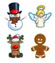 Christmas Cartoon Icon Set - Snowman Angel Red-Nose Reindeer Gingerbread Man