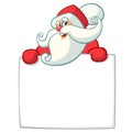 Christmas cartoon illustration of funny Santa Claus character holding blank scroll or sign for greeting text. Vector isolated. Royalty Free Stock Photo