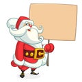 Christmas cartoon illustration of funny Santa Claus character holding a sign wooden board. Vector isolated. Royalty Free Stock Photo