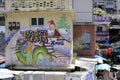 Christmas cartoon mural of cat street