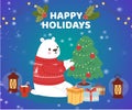 Christmas cartoon New Year polar bear in winter clothes with fir tree and gifts, greeting card design vector