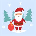 Christmas cartoon Santa with a bag with gifts. woods behind him. Vector flat illustration isolated on blue background Royalty Free Stock Photo