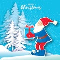 Christmas cartoon of Santa Claus holding a Gift box with bow. Paper Cut Merry Christmas Greeting card. Origami Winter