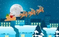 Christmas Cartoon Santa Claus Sleigh Reindeer Town Royalty Free Stock Photo