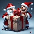 Christmas cartoon santa claus with snowman gifts box. generative AI