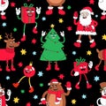 Christmas cartoon Seamless pattern with funny comic characters, snowman, reindeer, Santa Claus, Christmas tree, gift.