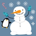 Christmas cartoon snowman set snowflakes and penguin and gifts box and candy and socks and gloves Royalty Free Stock Photo