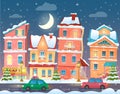 Christmas cartoon winter town in night. Vector llustration. Royalty Free Stock Photo