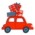 Christmas cartoons clip art. Car and gifts vector illustration