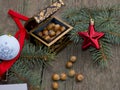 Christmas, casket with forest nutlets decorated with a fir-tree