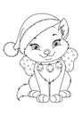 Christmas cat with Santa hat Coloring Page. Black and white cartoon illustration Royalty Free Stock Photo