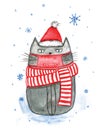 Christmas cat wearing a face mask cute holiday illustration. Pandemic awareness. Watercolor illustration cat in red scarf and hat