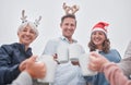 Christmas, celebrate and friends together with drink bonding on vacation holiday. Happy family cheers, love and smile Royalty Free Stock Photo