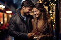 Christmas celebration, a boy gives a gift to a lucky girl, romantic relationships, AI generation