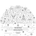 Christmas Celebration Card. Many New Year, Christmas And Winter Symbols On White Background. Line Style