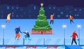 Christmas celebration, happy winter holiday, ice skating around green tree, joyful season, cartoon style, vector Royalty Free Stock Photo