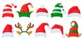 Christmas celebration hats. Cartoon Santa Claus, elf and reindeer horns masquerade hats vector illustration set. Xmas