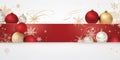 Christmas celebration holiday banner. Festive balls and gifts close up
