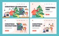 Christmas Celebration Landing Page Template Set. Happy Family Decorating Room. Father Decorate Window with Garland