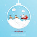 Christmas celebration poster in paper cut style. Paper art made Santa Claus and reindeer flying over the Cloudscape. Vector