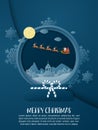 Christmas celebration poster in paper cut style. Paper art made Santa Claus and reindeer flying over the village. Vector