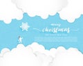 Christmas celebration poster in paper but style. Paper art made Santa Claus hanging snowflakes in the blue sky. Vector