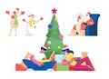 Christmas Celebration Set. Characters Celebrate New Year and Xmas Holidays. Man and Woman Opening Gifts, Santa Claus Royalty Free Stock Photo