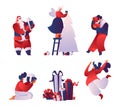 Christmas celebration flat vector illustrations set. Cartoon Santa Claus with gift box isolated on white background Royalty Free Stock Photo
