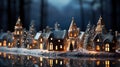 Christmas ceramic village with illuminated windows and snow