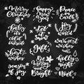 Christmas chalk lettering vector set on blackboard. handwriting calligraphy xmas and new year quotes.