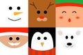 Set of 6 iconic Christmas character`s faces in Square. Royalty Free Stock Photo