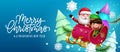 Christmas character greeting vector design. Merry christmas text with happy santa claus and elf characters riding sleigh element.