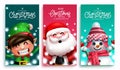 Christmas character greeting vector poster set. Merry christmas text collection with santa claus, snowman and elf cute characters. Royalty Free Stock Photo