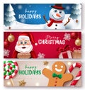 Christmas character greeting vector set. Merry christmas text with santa claus, snowman and ginger bread cute characters. Royalty Free Stock Photo