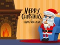 Christmas character santa claus eating vector background design. Merry christmas greeting text with santa claus character.