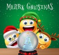 Christmas character vector design. Merry christmas text with elf, santa claus and reindeer 3d characters looking at crystal ball. Royalty Free Stock Photo