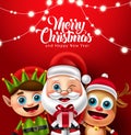 Christmas character vector design. Merry christmas text with reindeer, elf and santa claus characters holding gift for xmas. Royalty Free Stock Photo