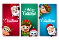 Christmas character vector poster set. Merry christmas text with santa claus, reindeer, elf and snow man characters for xmas card. Royalty Free Stock Photo