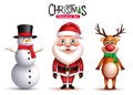 Christmas character vector set. Santa claus, snowman and reindeer christmas 3d characters standing with scarf and hat elements. Royalty Free Stock Photo