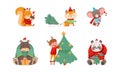 Christmas Characters with Animals Wearing Knitted Scarf and Sweater and Boy Decorating Fir Tree Vector Set Royalty Free Stock Photo