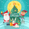 Christmas characters background. Happy Merry Christmas and New Year card with fun friends. Santa Claus with xmas tree Royalty Free Stock Photo