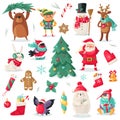 Christmas characters. Cartoon animals bullfinch, bear and penguin, gift. Santa and snowman, holiday tree, elf and deer Royalty Free Stock Photo